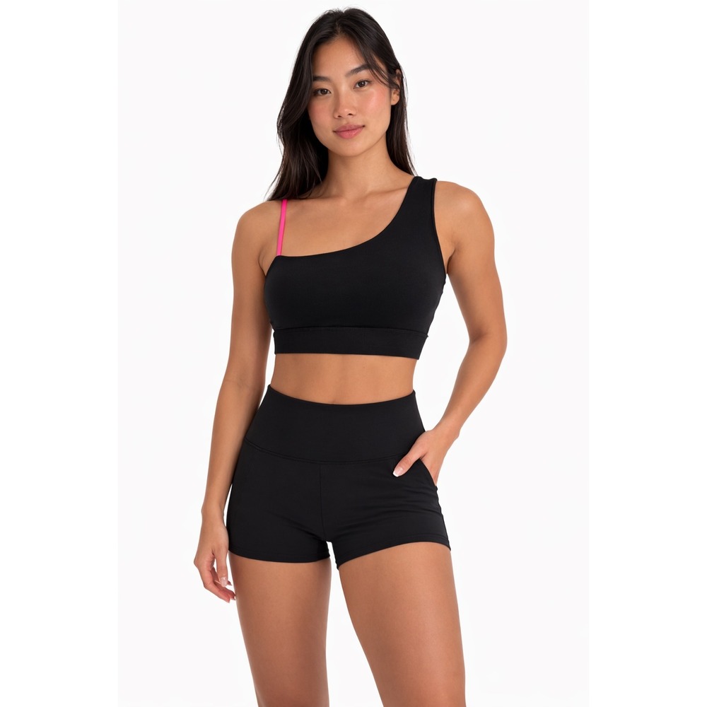 Marika Black One Shoulder Sports Bra Neon Pink Strap Reflective Logo Gym 102-36